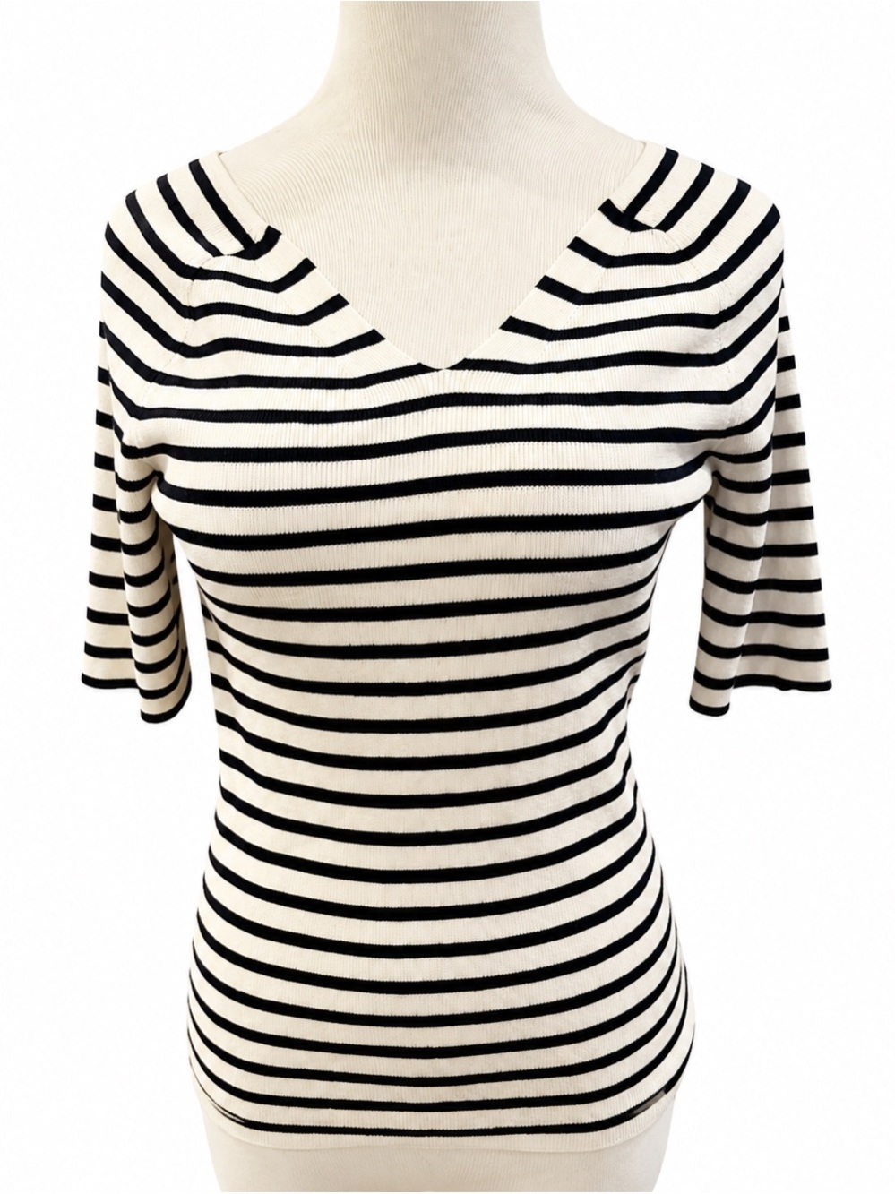 Ann Taylor Black and Cream Striped Scoop Neck Sweater Small